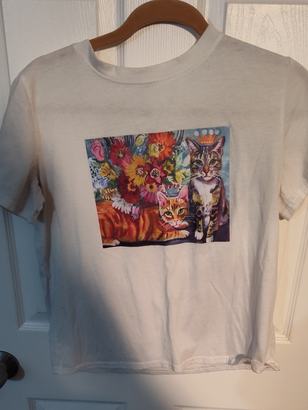 Cat Art Graphic T-Shirt - White with Colorful Cat Print